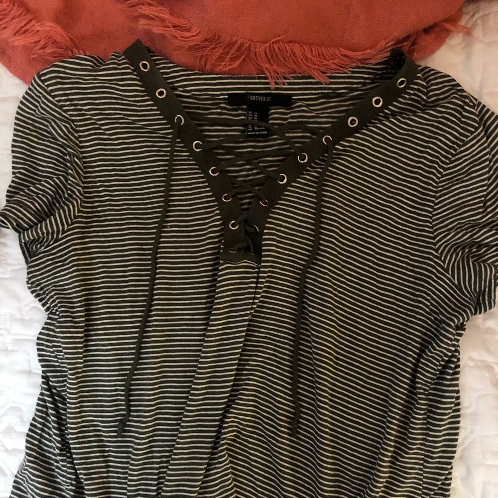 Tie front striped top